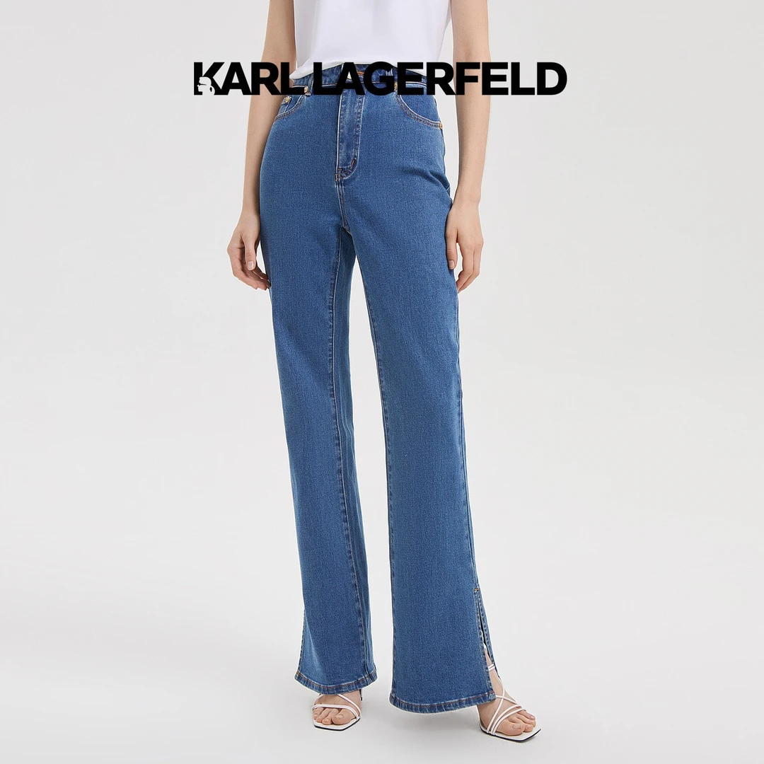 KARL LAGERFELD卡尔拉格斐新款水洗蓝牛仔阔腿裤老佛爷221L1801