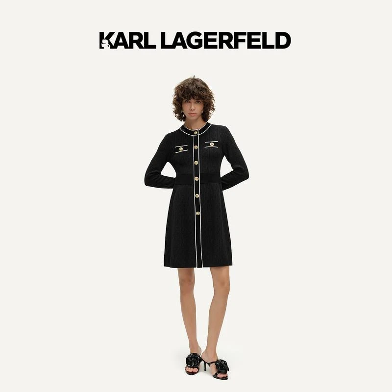 KARL LAGERFELD卡尔拉格斐24春提花撞色边伞摆黑色连衣裙E41W1306