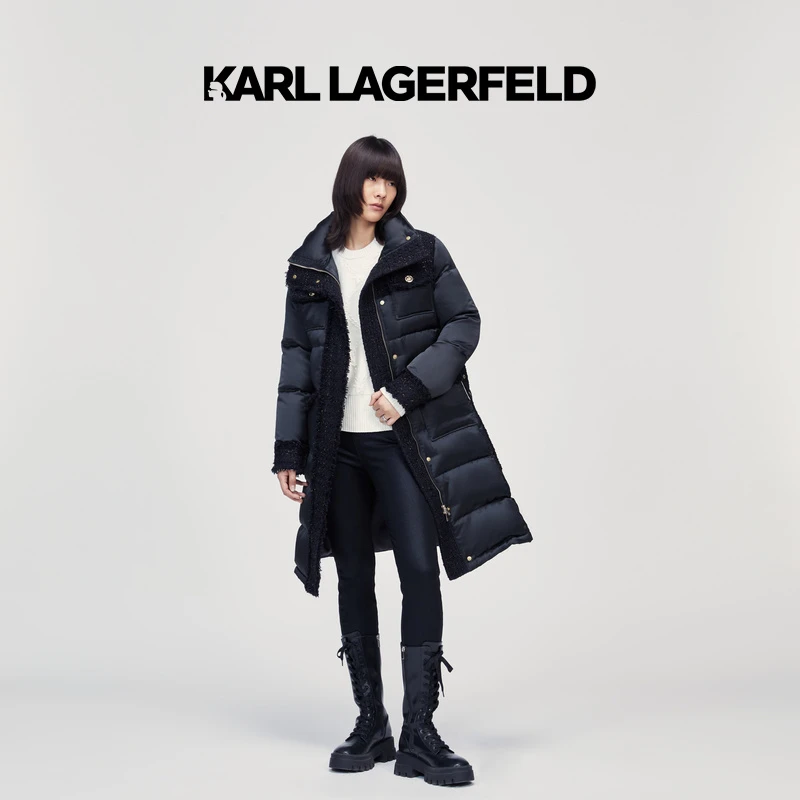 KARL LAGERFELD卡尔拉格斐新款粗花呢拼接长款羽绒服女士226L1572