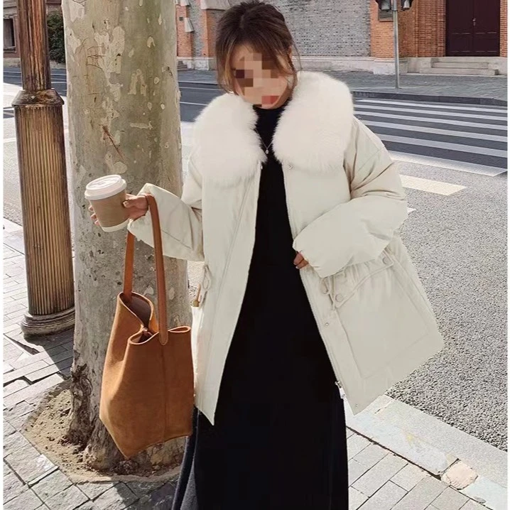 秋冬新款高级感时尚大毛领羽绒服女短款小个子收腰无帽白鸭绒外套