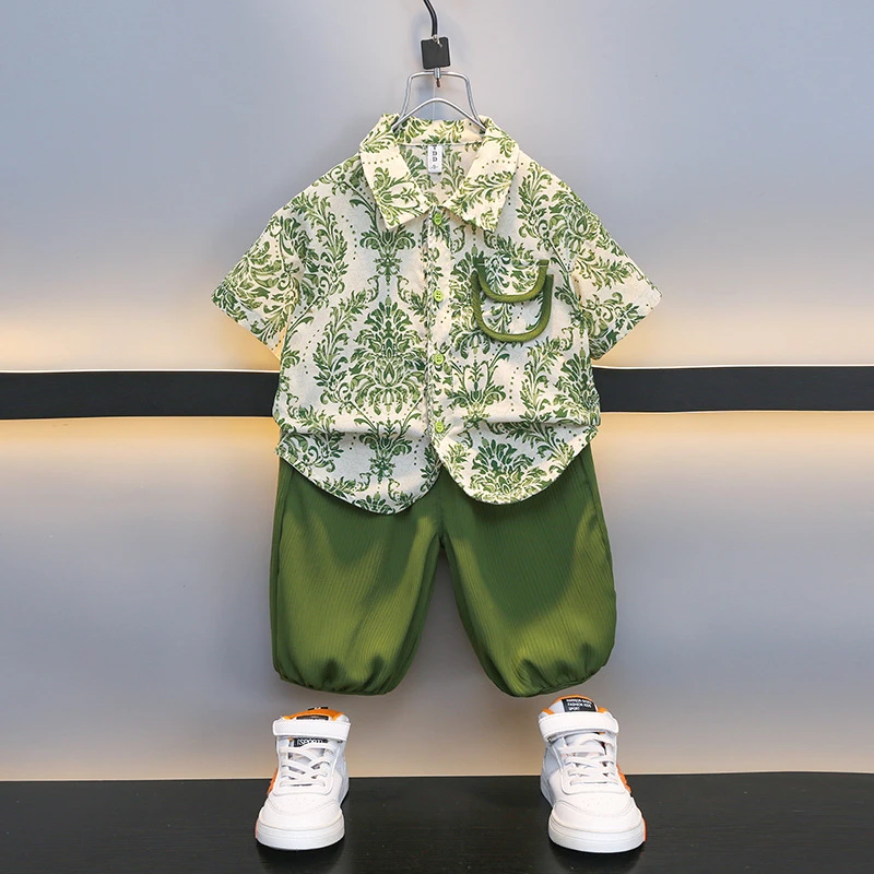 男童夏季套装2024新款宝宝儿童短袖时髦男孩薄款洋气衬衫两件套潮