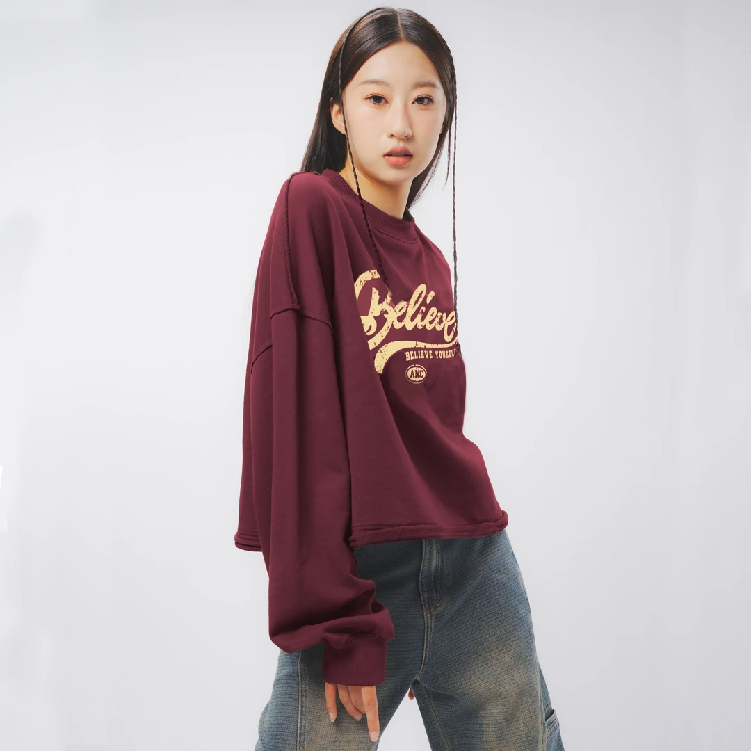 MJ style2024新款纯色复古气质上衣字母秋冬季减龄百搭圆领卫衣潮