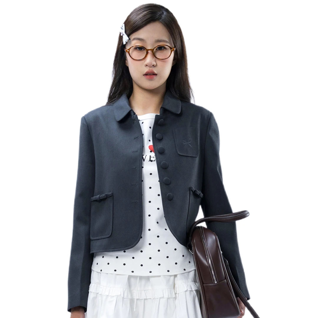 MJSTYLE女装灰色小翻领短西装学院风蝴蝶结早秋外套复古百搭上衣