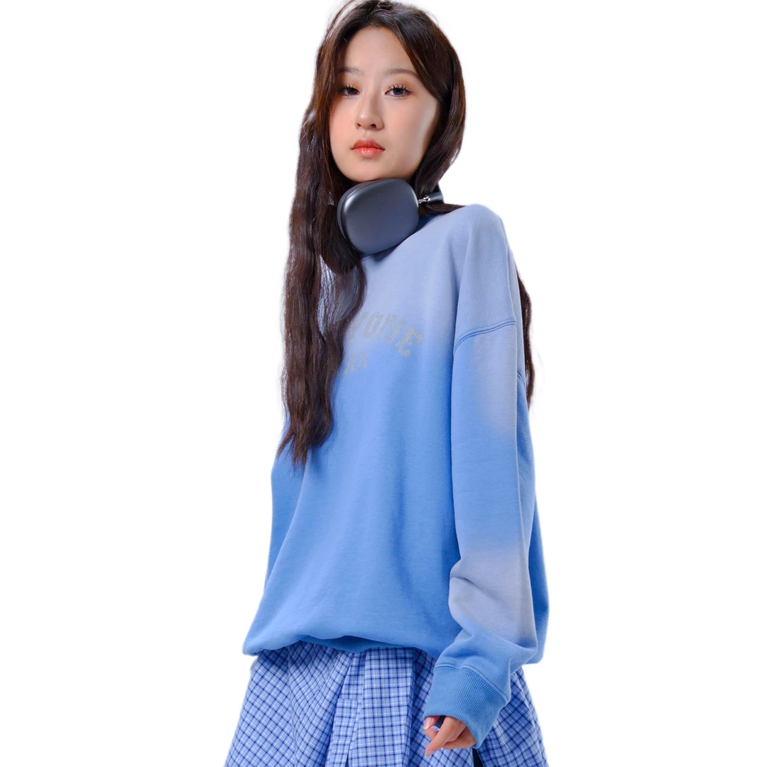 美式复古字母印花水洗做旧渐变圆领套头卫衣长袖休闲百搭宽松上衣