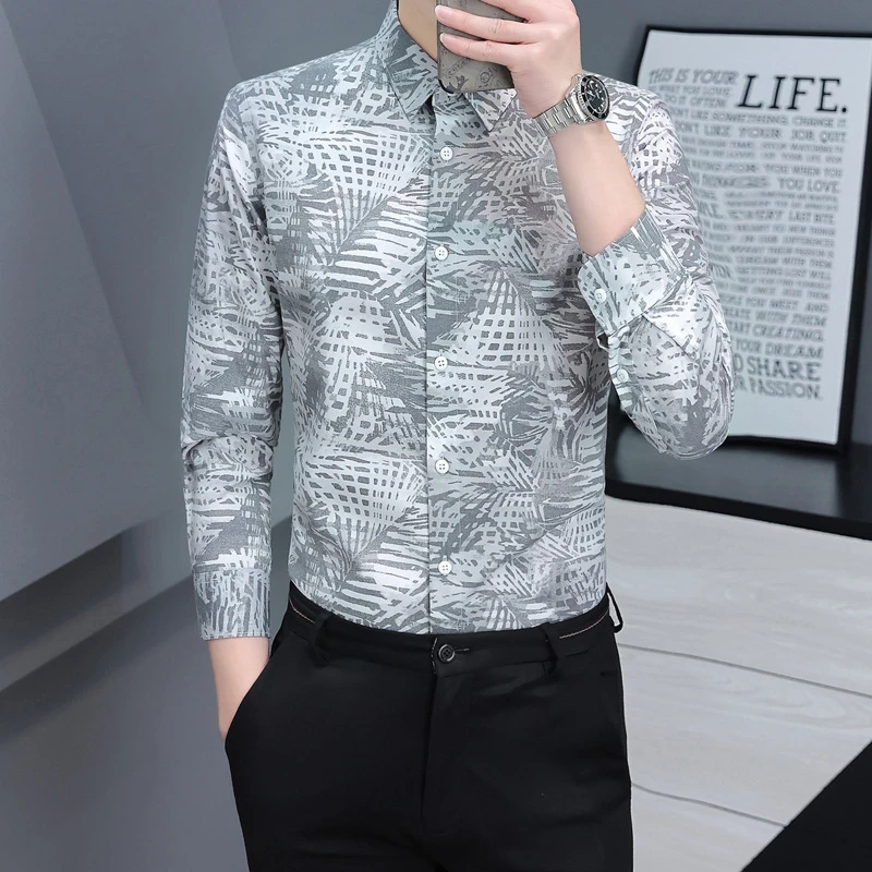 2023春季轻奢花衬衫男长袖韩版潮流帅气时尚个性印花复古衬衣商务