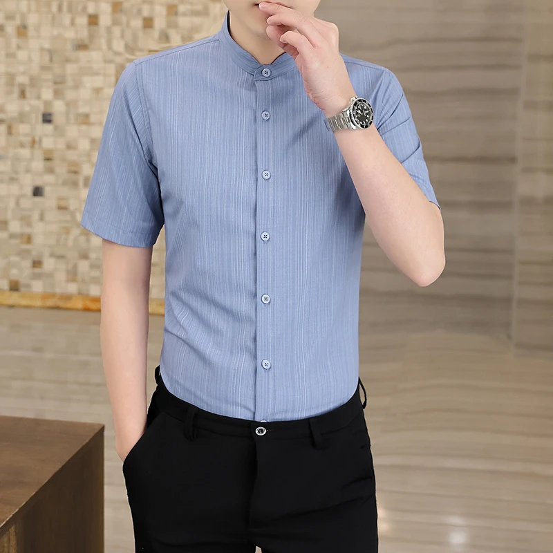 夏季轻奢男士短袖衬衫中式立领时尚休闲衬衣男修身条纹中青年寸衫