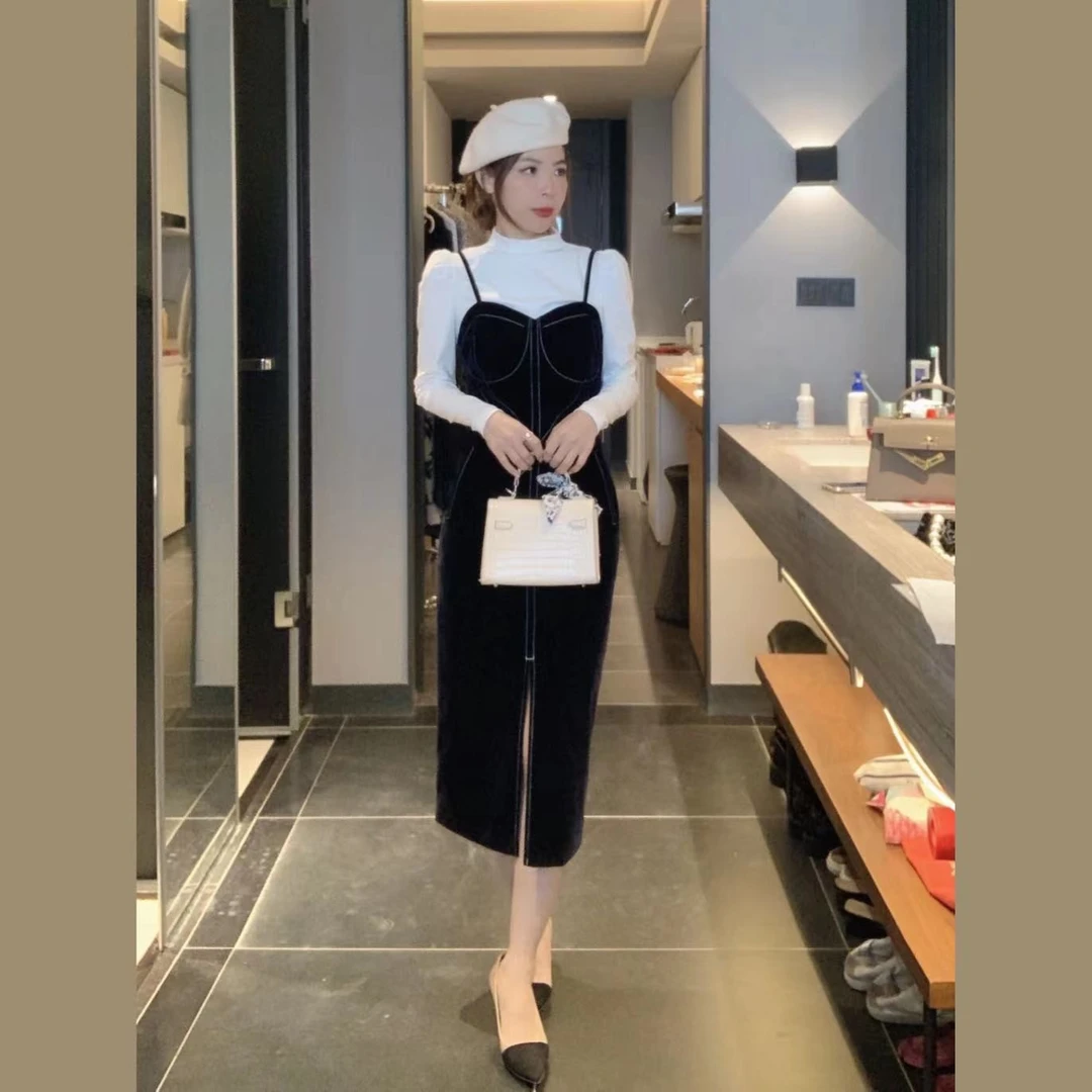 小个子定制法式复古丝绒连衣裙藏蓝色 211123