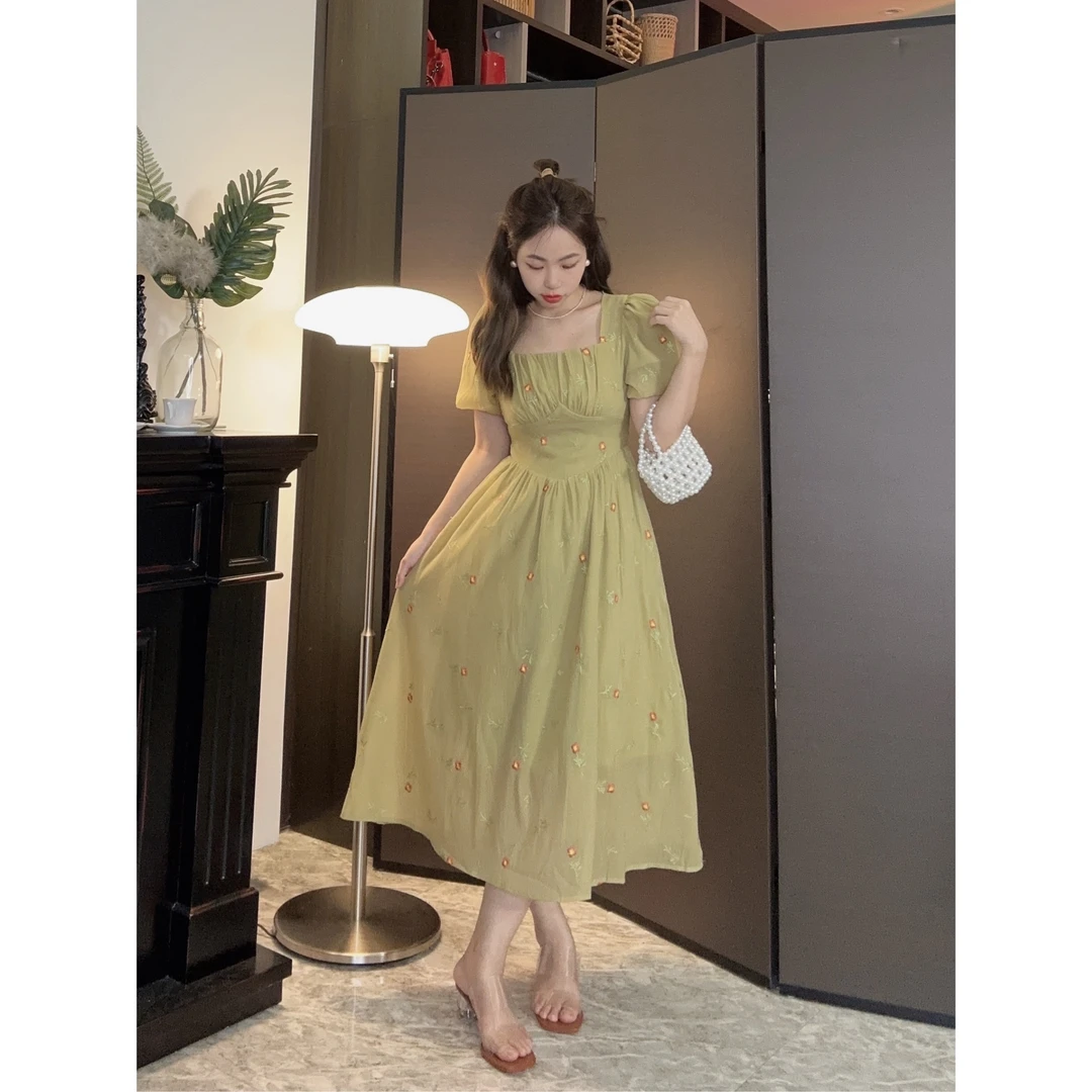 【孤品】【莫奈花园】法式方领连衣裙复古仙女长裙LD 230363