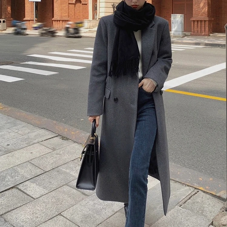 【韩剧女主角】中长款西装双面羊毛通勤秋冬双排扣时尚气质日常大衣