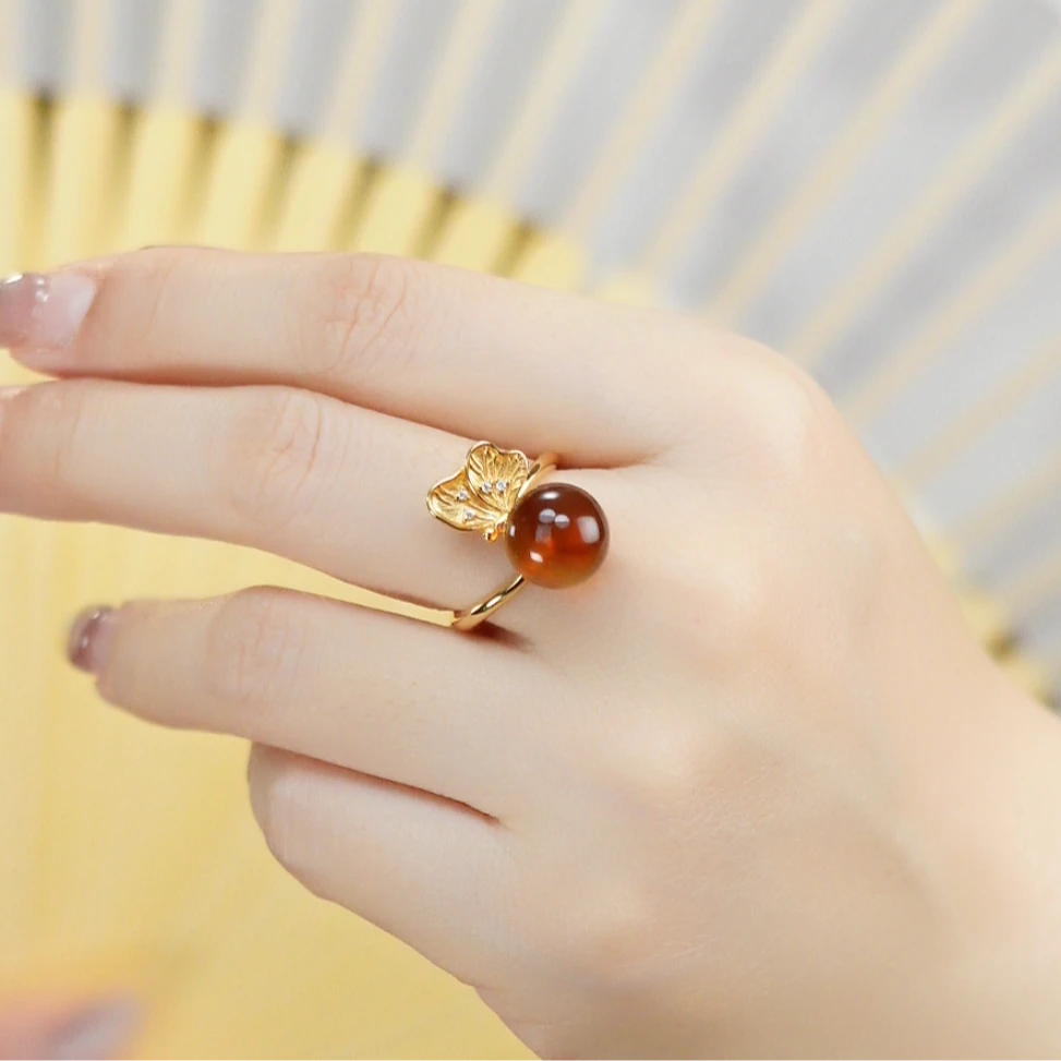 東芳珠宝-10mm缅甸天然琥珀灵草珀紫罗兰戒指琥珀戒指时尚银戒