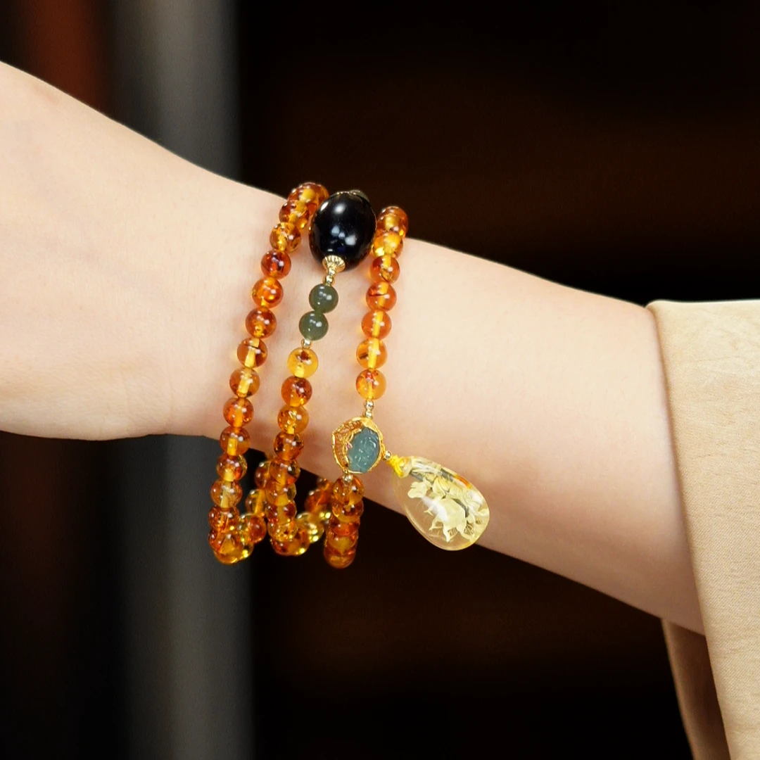東芳珠宝-6mm俄罗斯天然花珀项链手串琥珀手串和田玉百搭琥珀项链