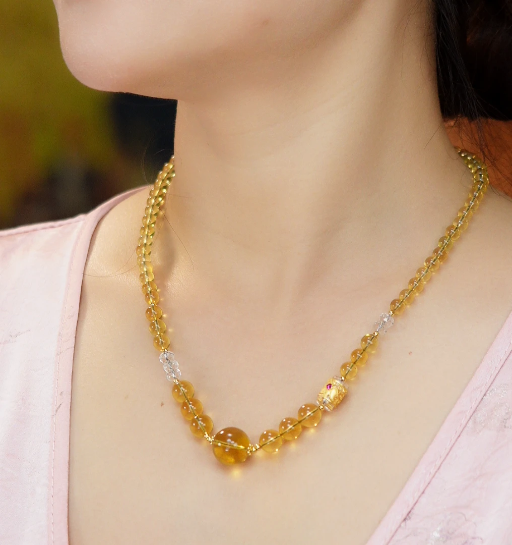 東芳珠宝-5mm-14mm墨西哥天然净水蓝珀项链塔链琥珀项链黄色坠链