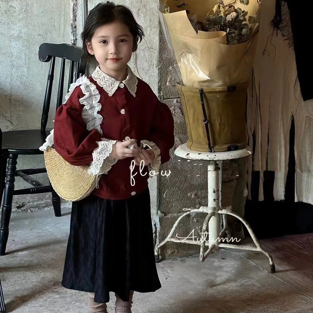 女童韩版红色上衣裙子套装 女孩花边领秋季开衫裙子套装