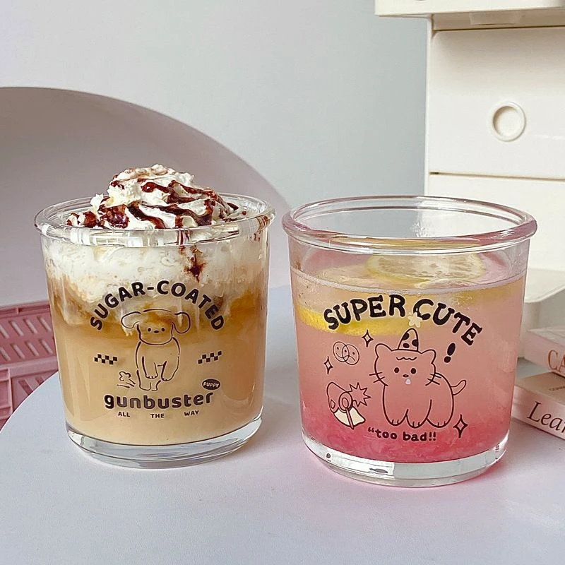韩式ins风高颜值玻璃杯生日猫咪杯酸奶杯咖啡杯甜品杯冷萃杯子
