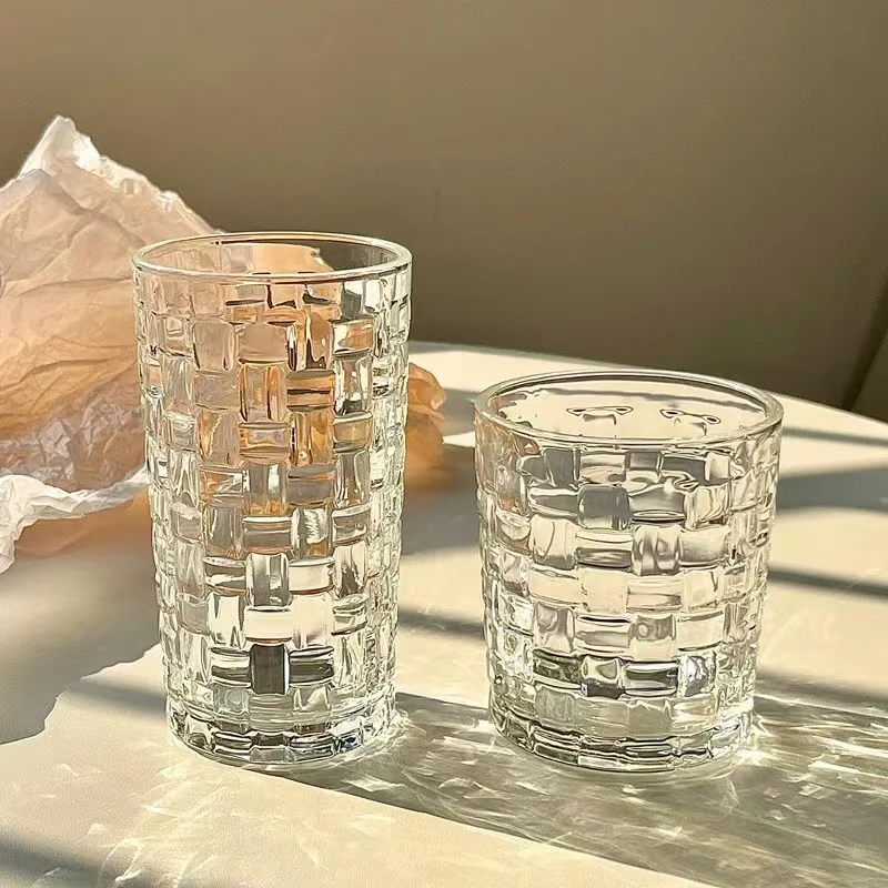 藤编玻璃杯ins风家用浮雕喝水杯子高颜值果汁咖啡冷饮料杯啤酒杯