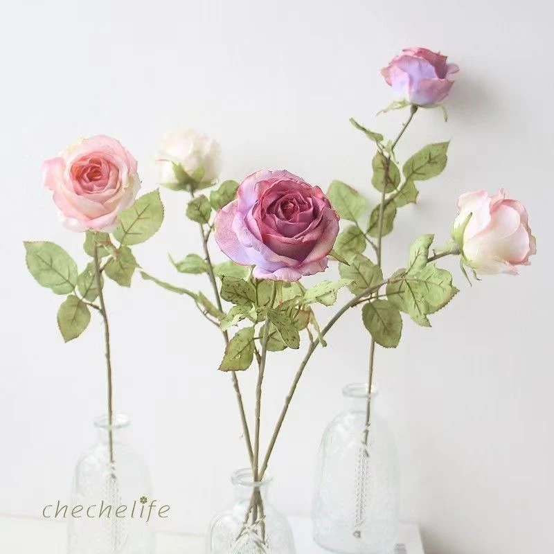 焦边单头仿真玫瑰花假花干花束摆设客厅装饰花艺摆件拍照道具