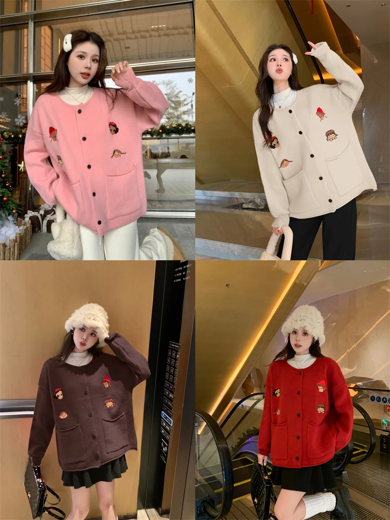 【甜欣】大码微胖妹妹刺绣宽松慵懒风针织减龄毛衣开衫