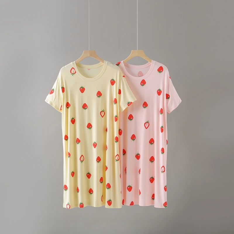 GS115草莓竹纤维家居裙舒适休闲女士薄款透气甜美圆领宽松时尚