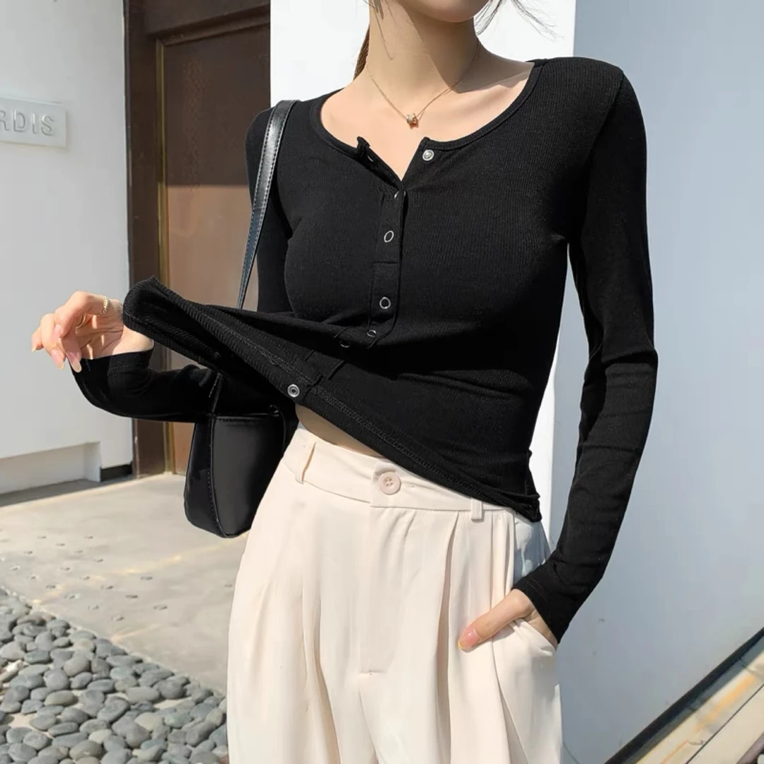 5616女装AF同款亨利修身开衫圆领开衫纽扣修身显瘦薄款打底纯色