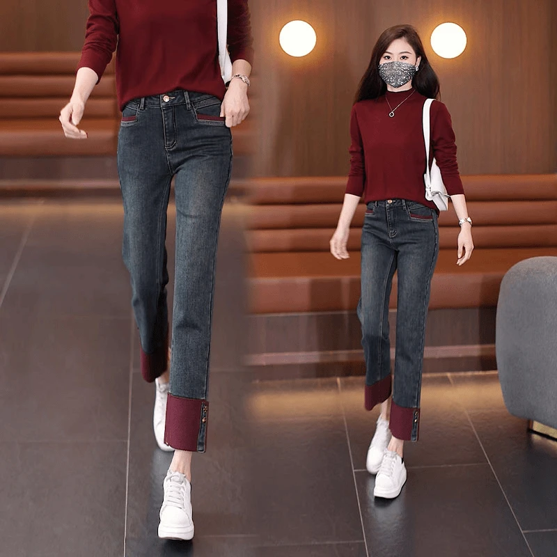 安可拉红烟管牛仔裤女2024秋季款高腰显瘦小个子翻边法棍裤直筒裤