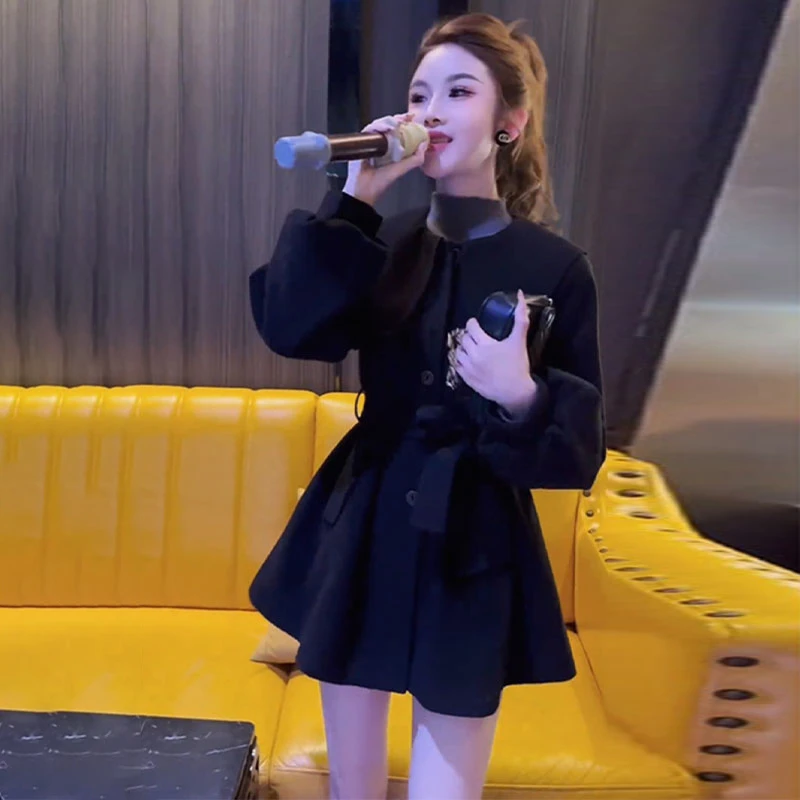 时尚娃娃领毛呢外套女2025秋冬新款收腰系带大衣气质百搭女装上衣