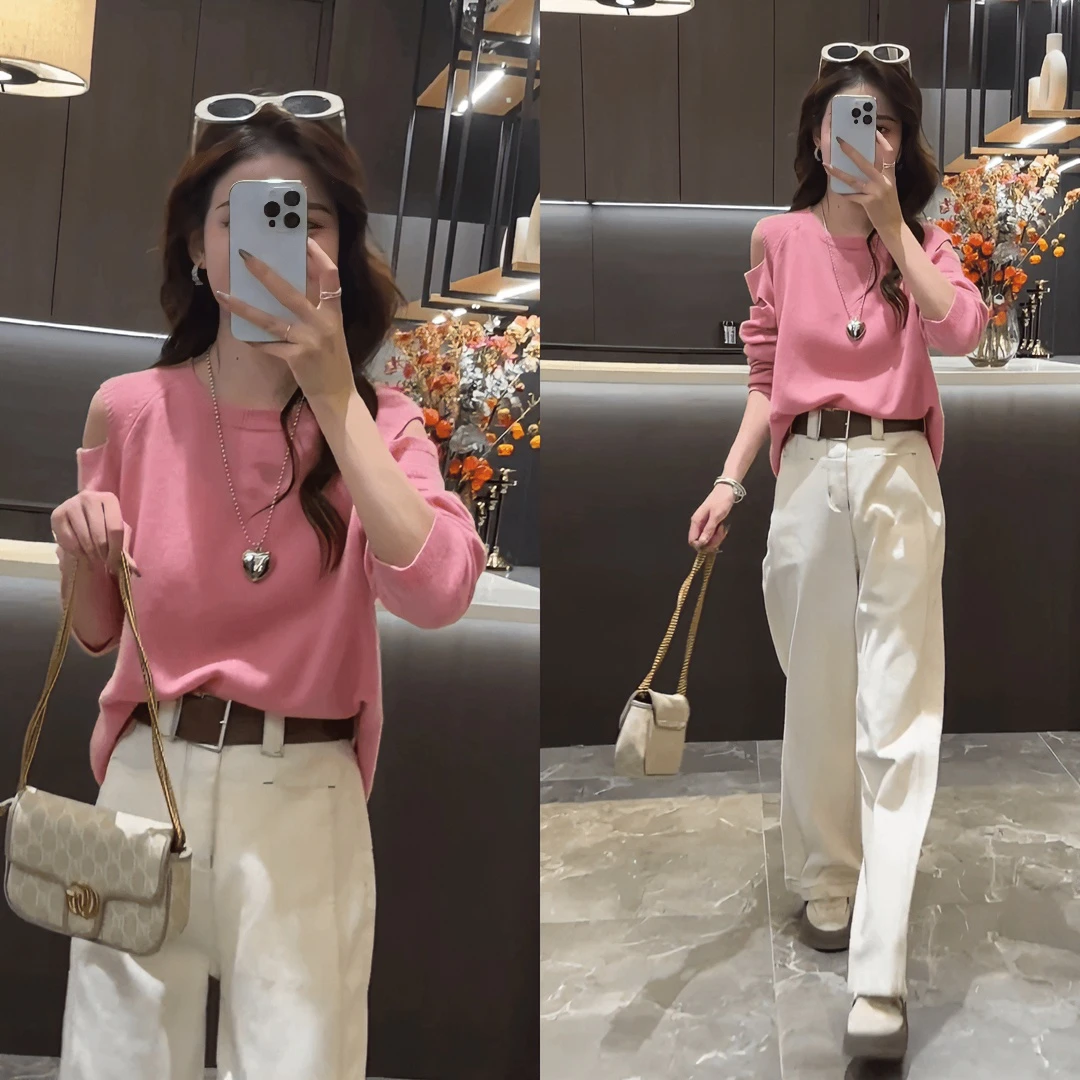 今年流行早秋新款露肩小众圆领针织衫上衣女设计感慵懒风爆款毛衣