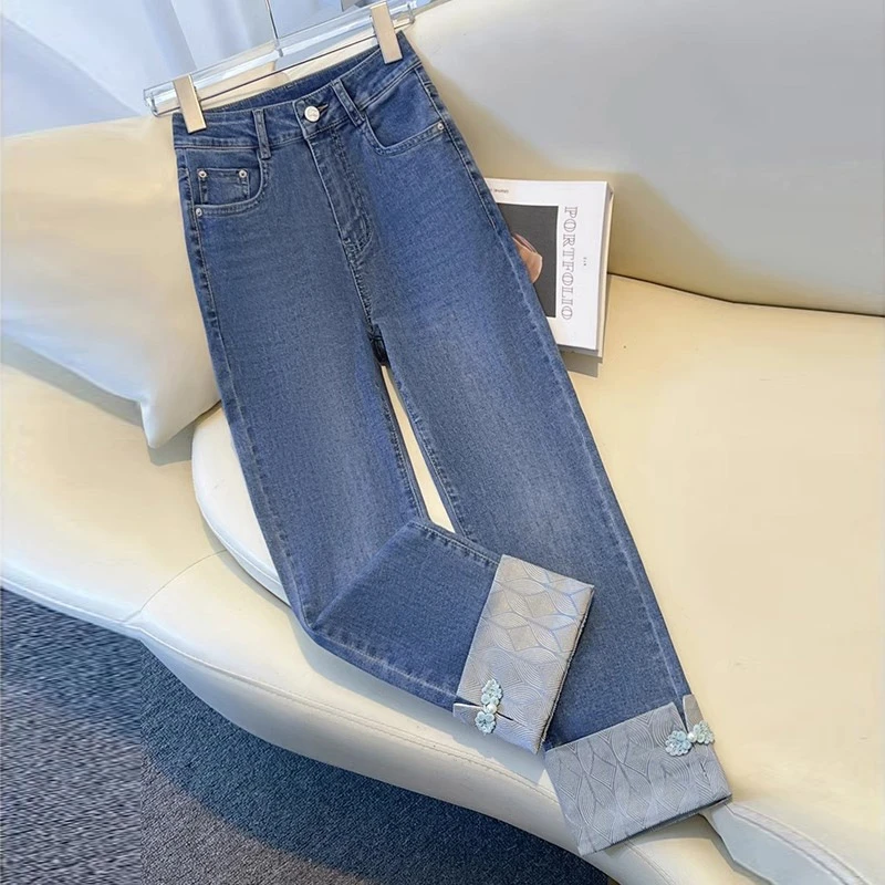 国风烟管牛仔裤女春夏季2025新款高腰小个子九分盘扣新中式直筒裤
