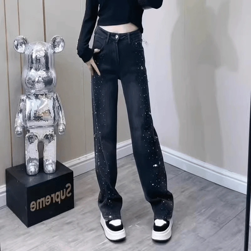 高腰显瘦星星烫钻阔腿牛仔裤女春秋装2024新款秋季宽松直筒拖地裤