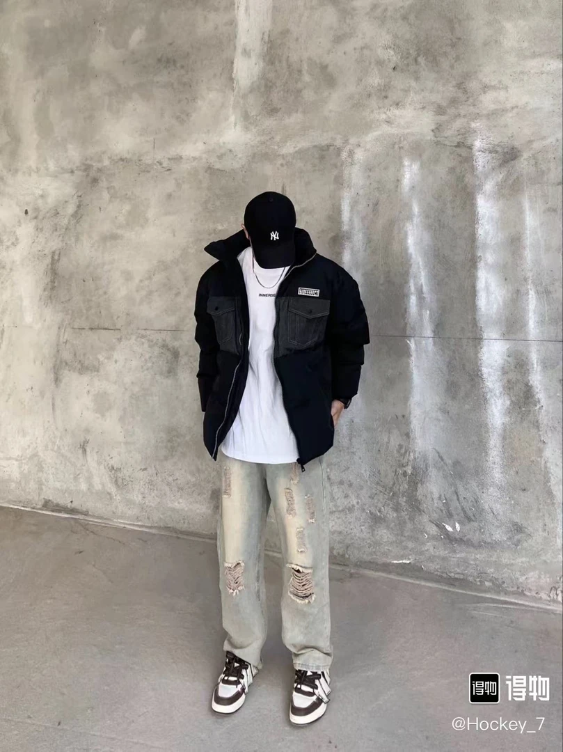 基础简约防寒牛仔拼接休闲宽松立领保暖面包棉服 男女同款JQ5001