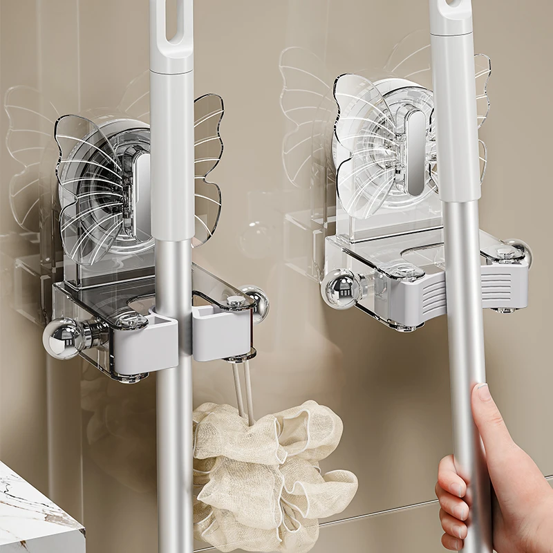 蝴蝶吸盘拖把壁挂夹拖布挂钩免打孔收纳架浴室扫把卡扣固定挂架