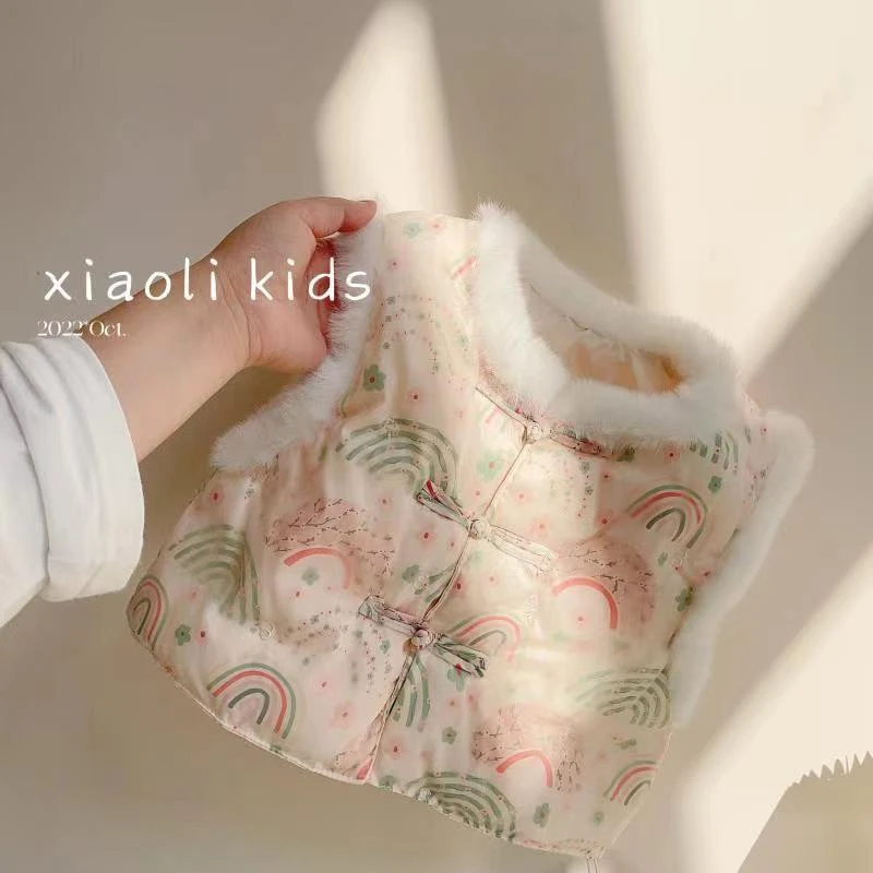 女童2023洋气花色彩虹中国风盘扣女童马甲碎花复古秋冬马夹