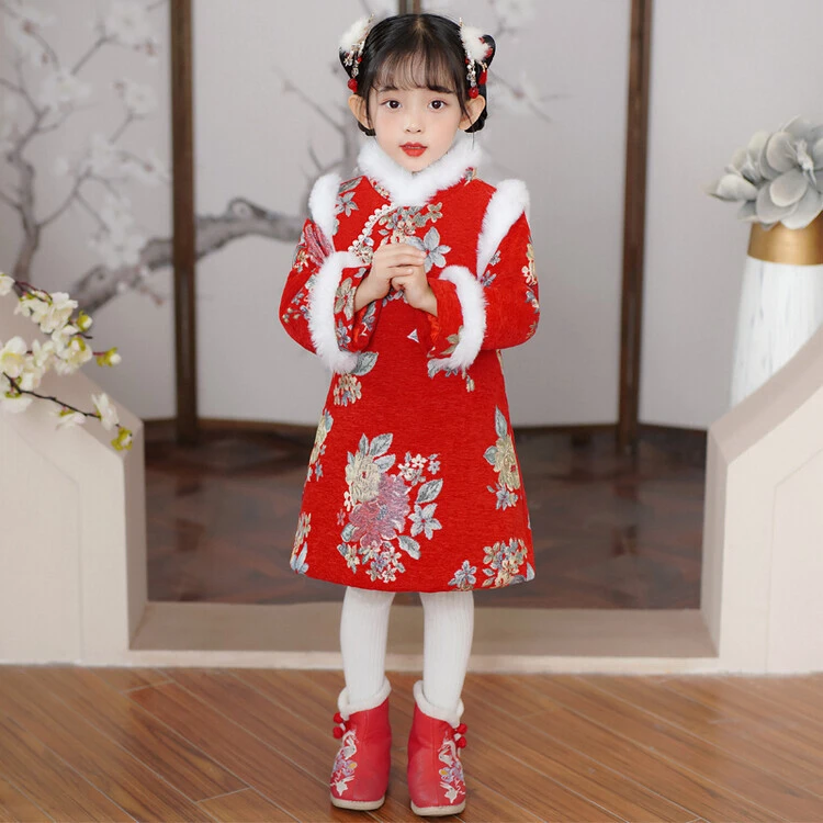 2023新款冬款女童加厚中国风唐装古风汉服珍珠旗袍裙表演班服园服