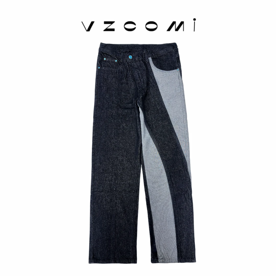 秋冬新款小众撞色拼接系列男牛仔裤斜门襟直筒水洗美式潮牌牛仔裤