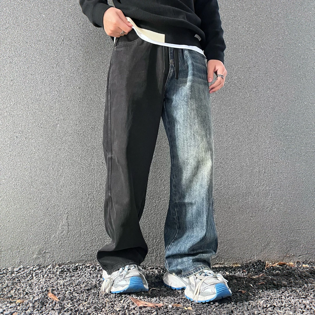 美式重磅鸳鸯神裤重工水洗牛仔裤巴黎风美式宽松阔腿潮牌牛仔裤