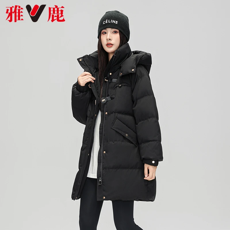 V/雅鹿黑色羽绒服保暖外套加厚防风冬季女士时尚白鸭绒过膝外套