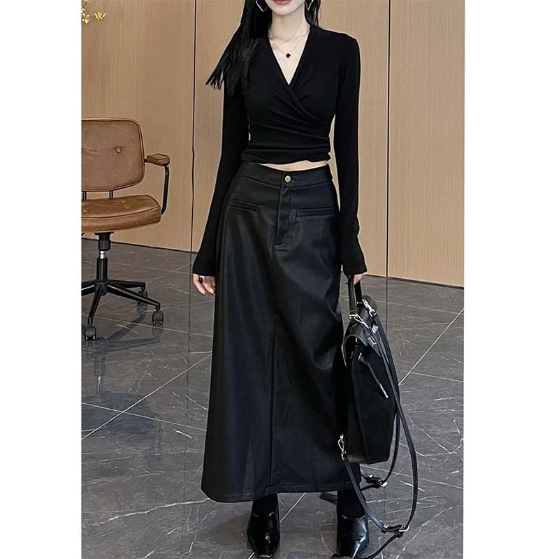 歌幂 V领长袖t恤女新款设计感收腰短款上衣打底衫WPL5026