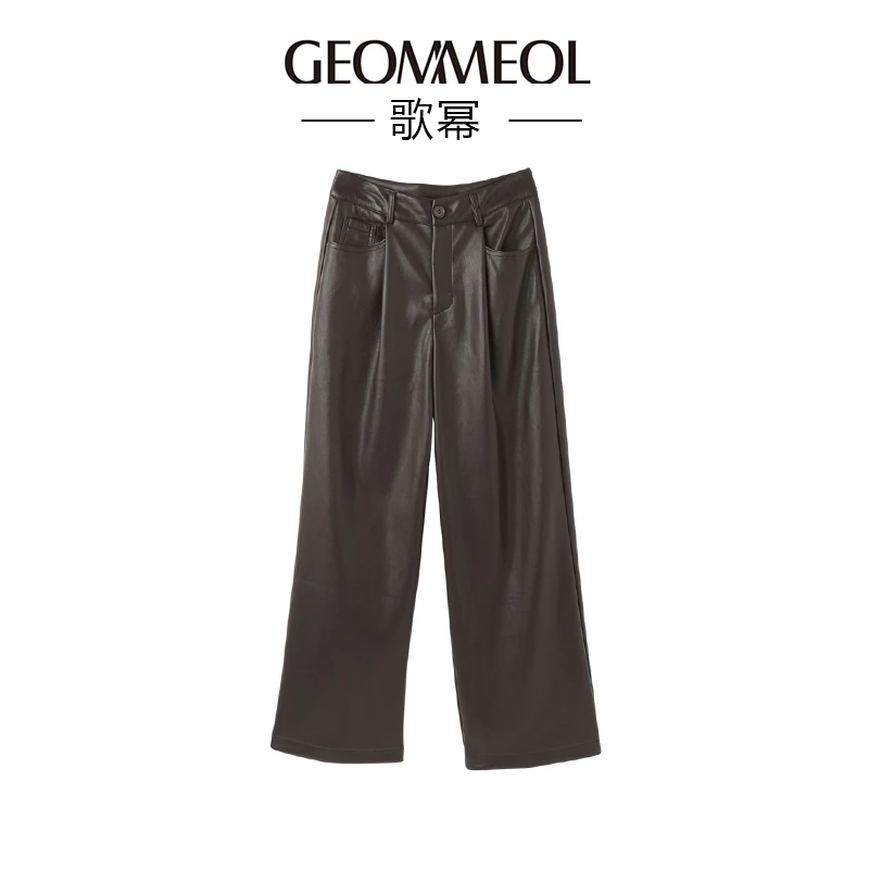 歌幂 皮裤女春秋高腰宽松美式高街复古PU设计师直筒阔腿裤WPL0918