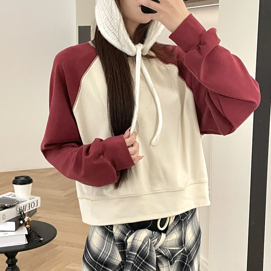 歌幂美式插肩袖撞色卫衣女春秋款新款设计感松圆领上衣WPL2504