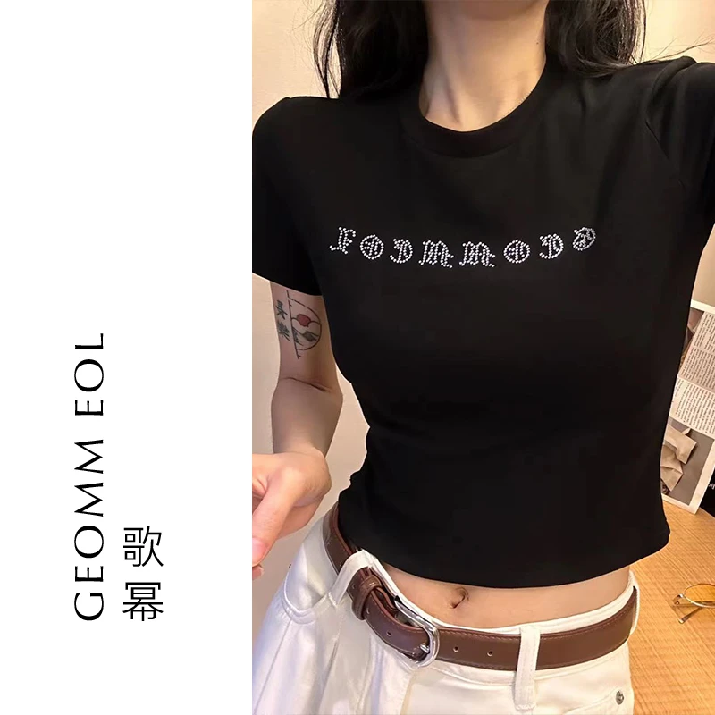 歌幂夏季短款短袖时髦t恤时尚辣妹字母烫钻T恤上衣DYCT004