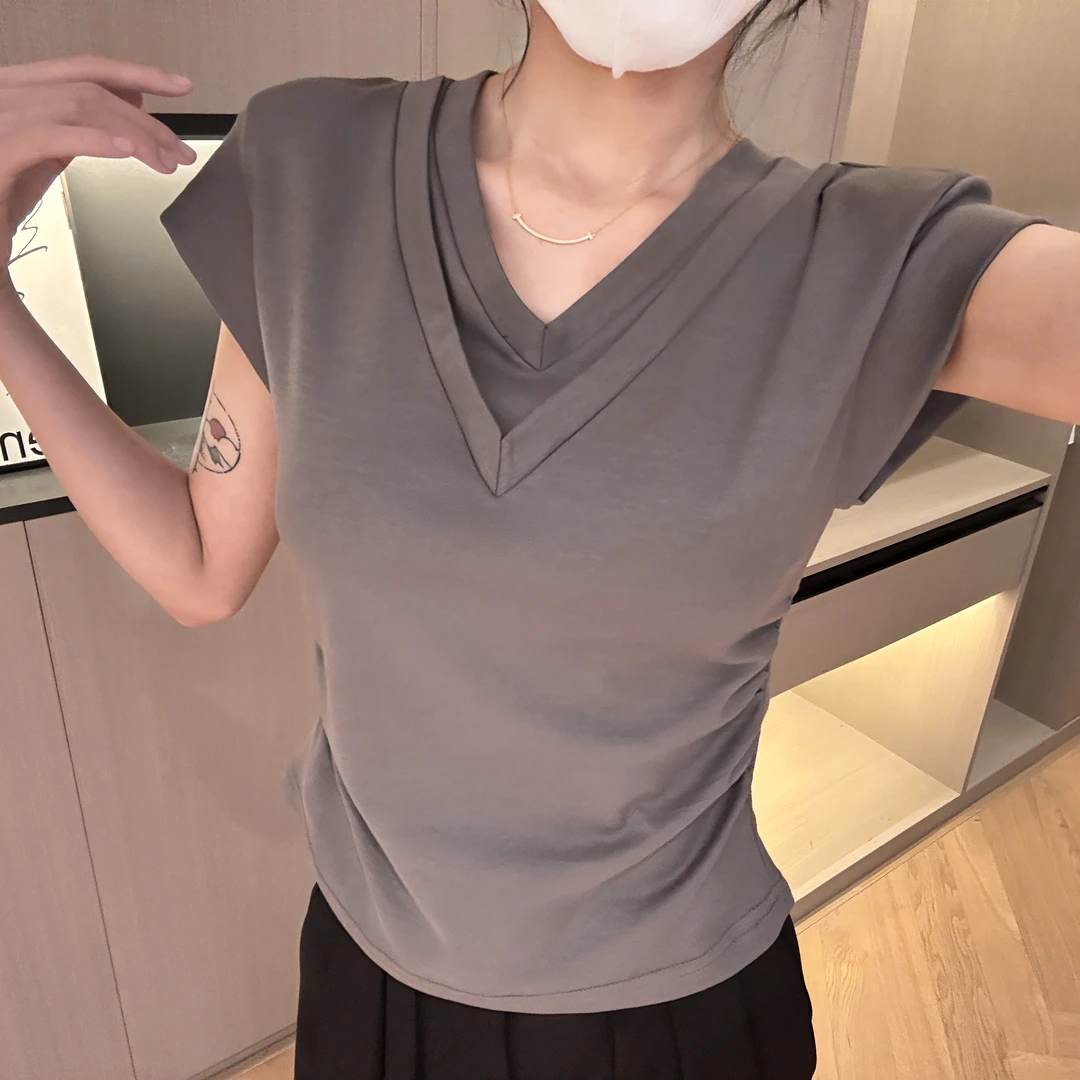 歌幂 纯棉短袖t恤女显瘦百搭夏季修身v领体恤上衣 WPL1055