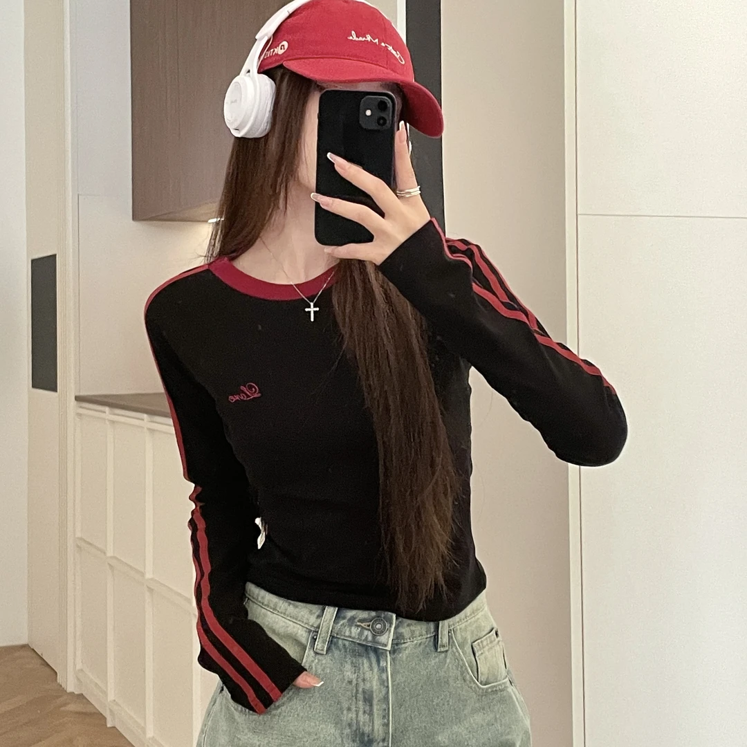 歌幂美式条杠长袖t恤女秋季新款修身显瘦收腰紧身短款上衣WPL2508