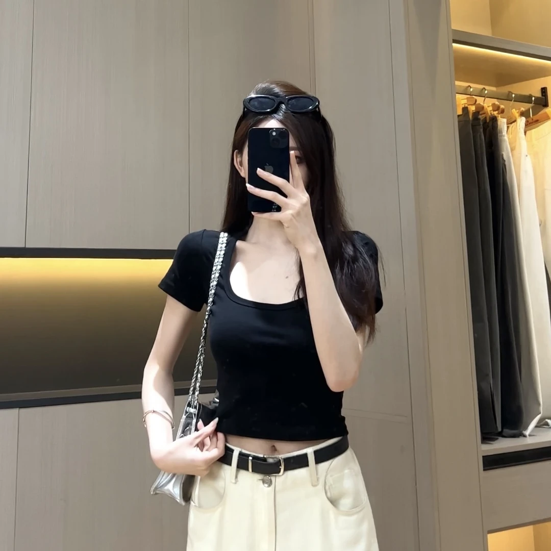 歌幂夏季百搭方领正肩显瘦短袖t恤春夏辣妹修身短款体恤女WPL5093