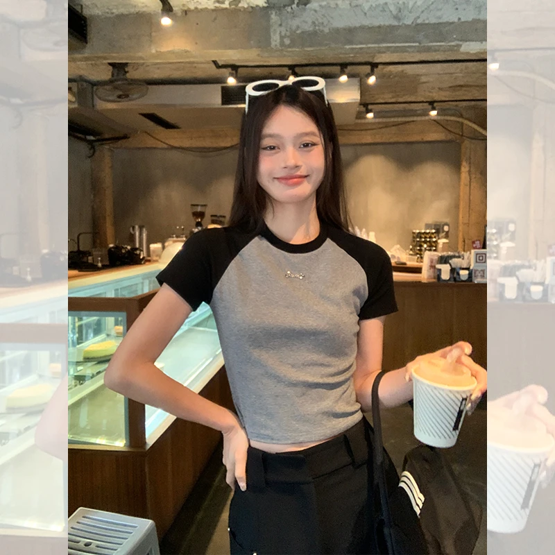 歌幂 正肩t恤女夏装撞色辣妹修身短款短袖显瘦上衣 WPL9984A