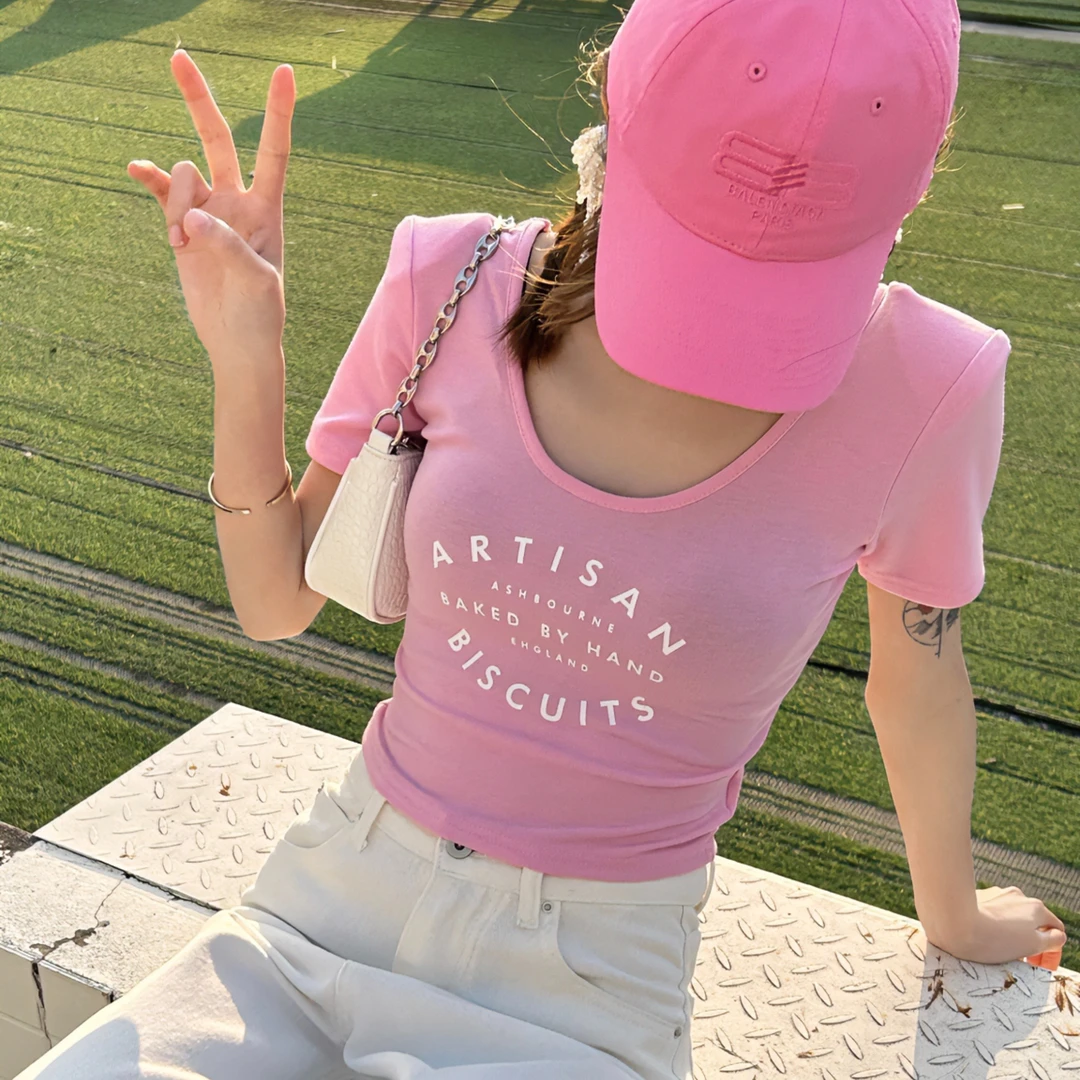 王漂亮 粉色修身短袖T恤女夏季新款印花短袖体恤上衣  WPLA2373#