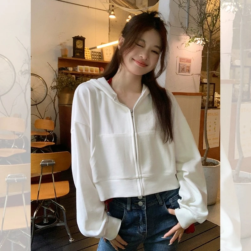 歌幂 白色短款连帽卫衣外套女春秋薄款小个子宽松开衫上衣WPL8886