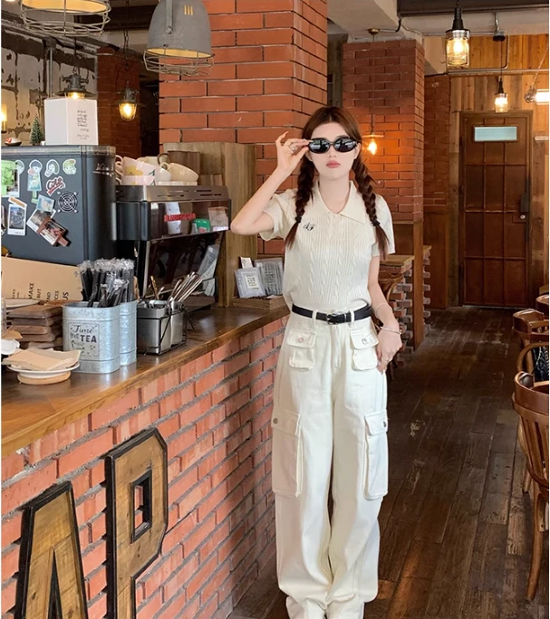 歌幂针织polo衫短袖t恤女夏装薄款修身刺绣正肩短款体恤潮WPL9898