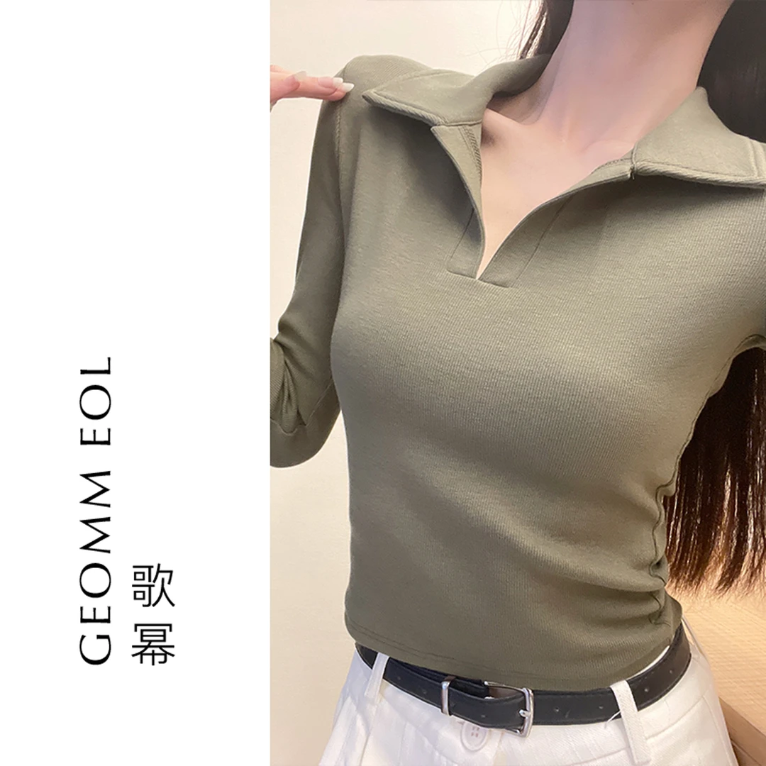 【48小时现货】百搭翻领正肩Polo领t恤美式复古长袖打底衫DYCT051