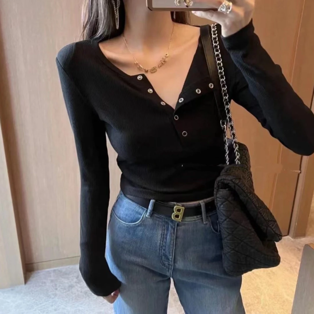 歌幂秋季新款修身显瘦斜领上衣女长袖T恤打底衫 WPL8231