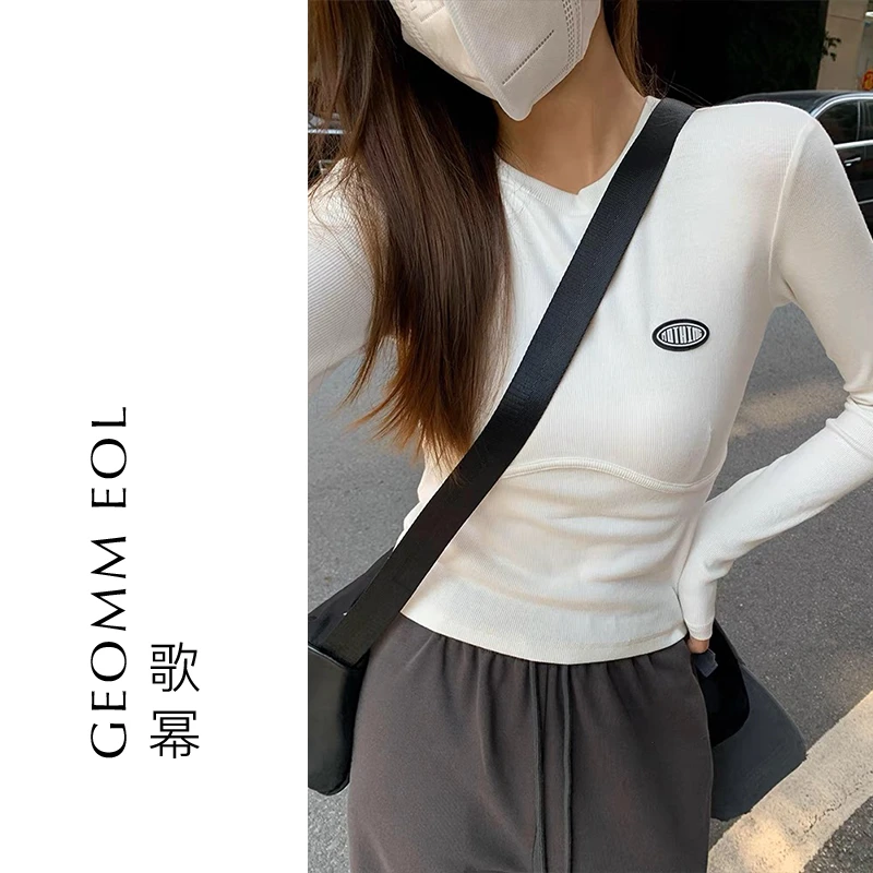 歌幂白色圆领打底衫女内搭修身正肩百搭长袖恤女上衣 WPL0008