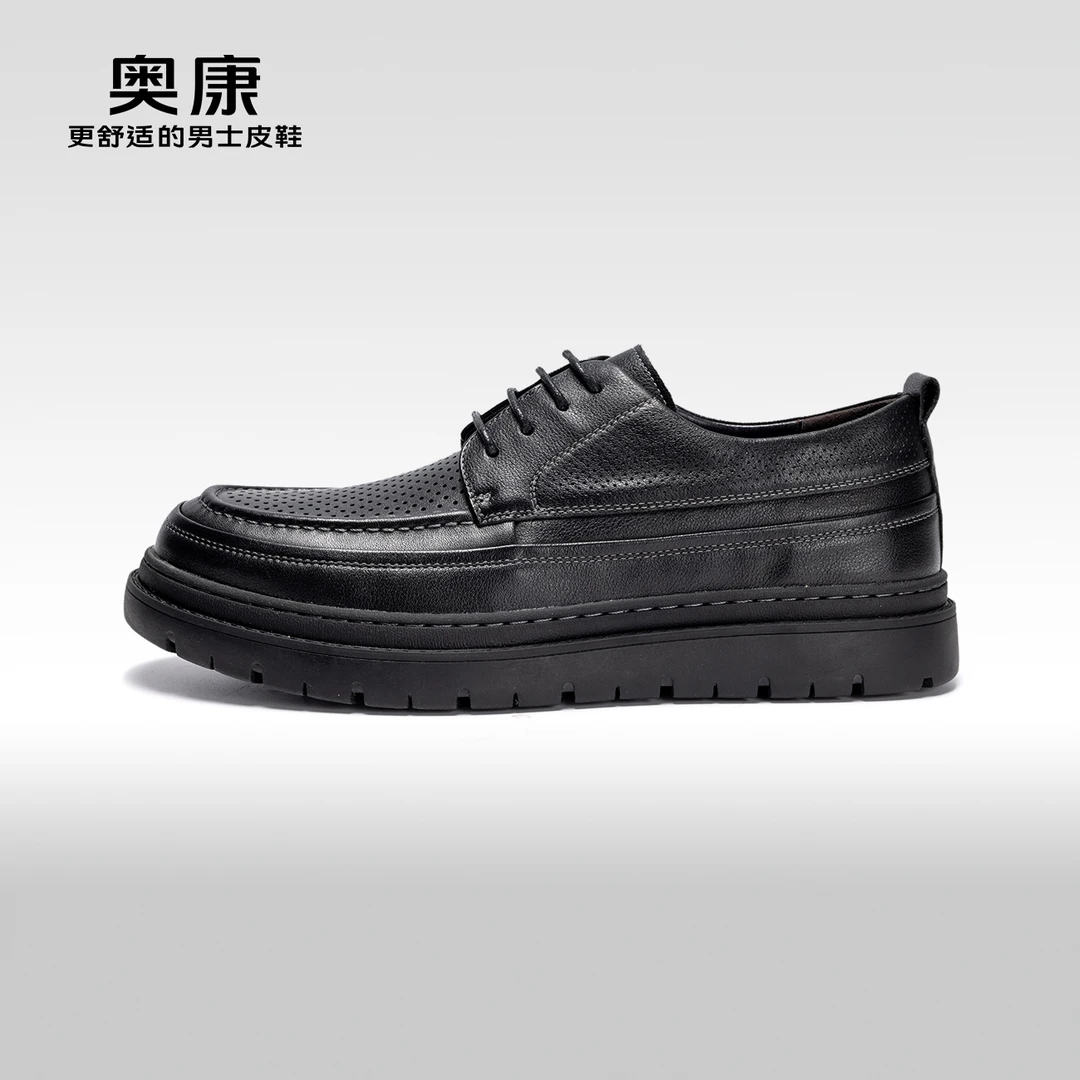 奥康男鞋夏季流行镂空青年休闲系带圆头厚底真皮舒适打孔透气系带